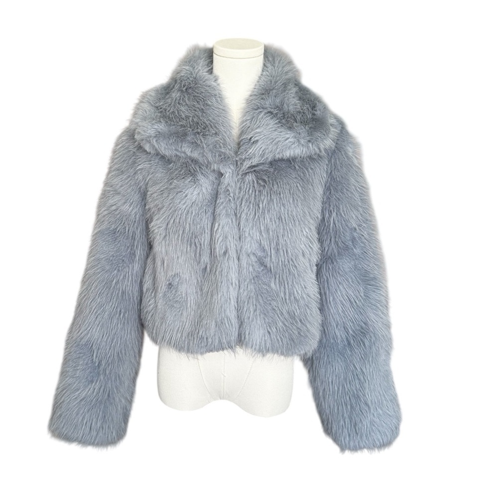 Zara Faux Fur Collared Crop Jacket in Light Blue XS-S - Picture 5 of 12